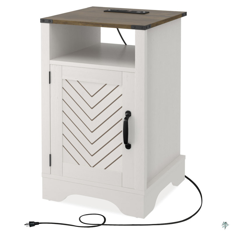 Nightstand Side Table, Wooden Rustic End Table, Tall Bedside Table With Electrical Outlets Charging Station