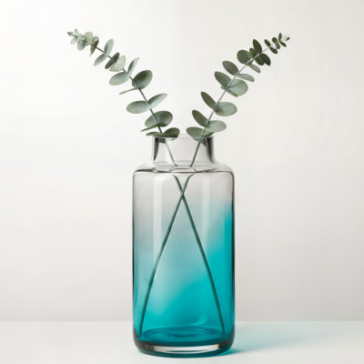 Ombre 10" Hand Blown Clear Teal Glass Vase