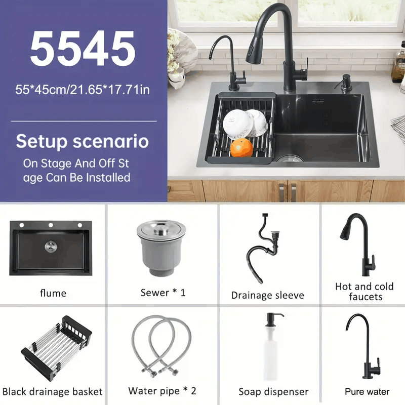 21.7 in Kitchen Sink Stainless Steel Single Bowl Sink with Pulldown Faucet, Matte Black