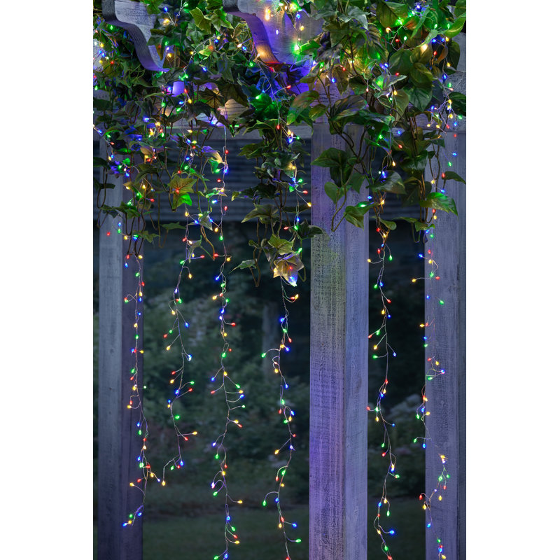 600-Light Multi-Function Electric Firecracker Curtain Light – Dual-Color Warm White and Multi-Color LED Display on Silver Wire with 6 Hanging Drops