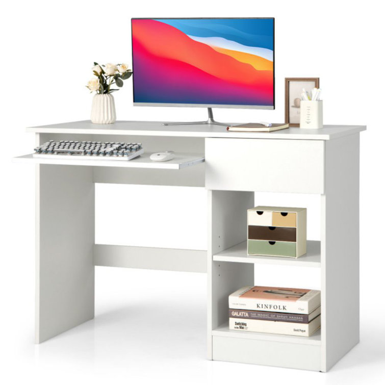 43.5 in. White Computer Desk with Storage Shelf Wooden Writing Desk with  Hutch and CPU Stand and Keyboard Tray