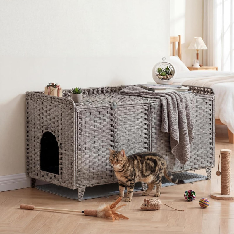 Enceinte de litière en rotin tissée à la main - Meuble pour salle de bain caché à double compartiment pour chat - Spacieuse litière multi-chats avec porte, tapis, crochets en forme de S et ventilation pour la maison