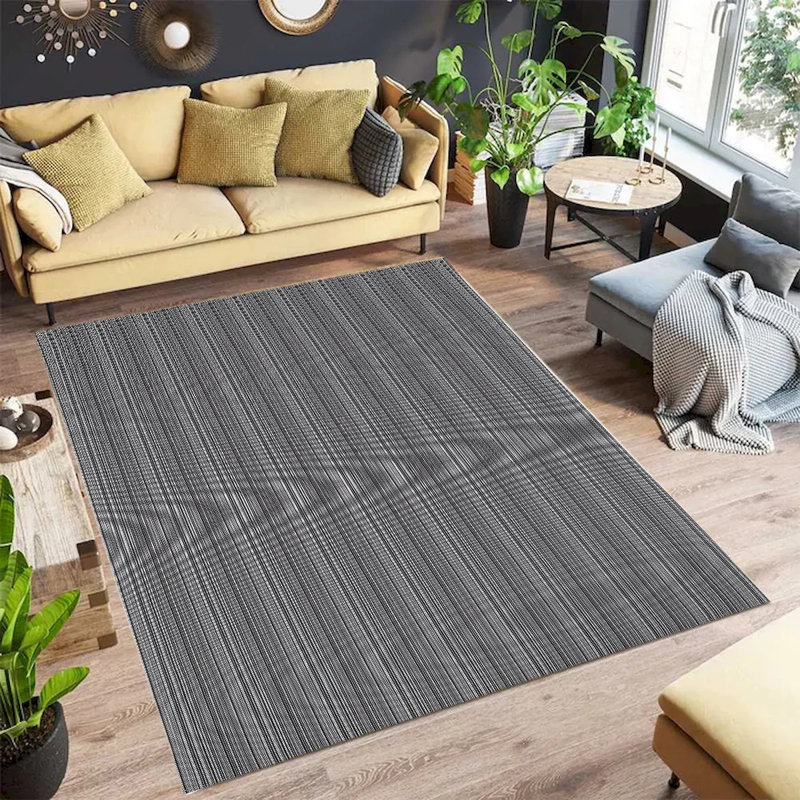 Tapis en PVC tissé à rayures noir et blanc Luxlene, Rectangle 2 pi x 3 pi