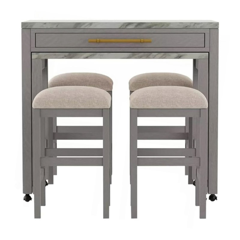 Rustic 3Pc Dining Set Counter Height Dining Table W Storage Drawer Faux Marble Top 2X Stools Light Gray Dining Room Furniture