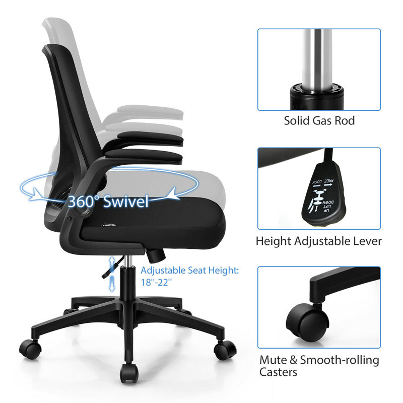 Chaise de bureau pivotante avec dossier pliable et accoudoirs rabattables