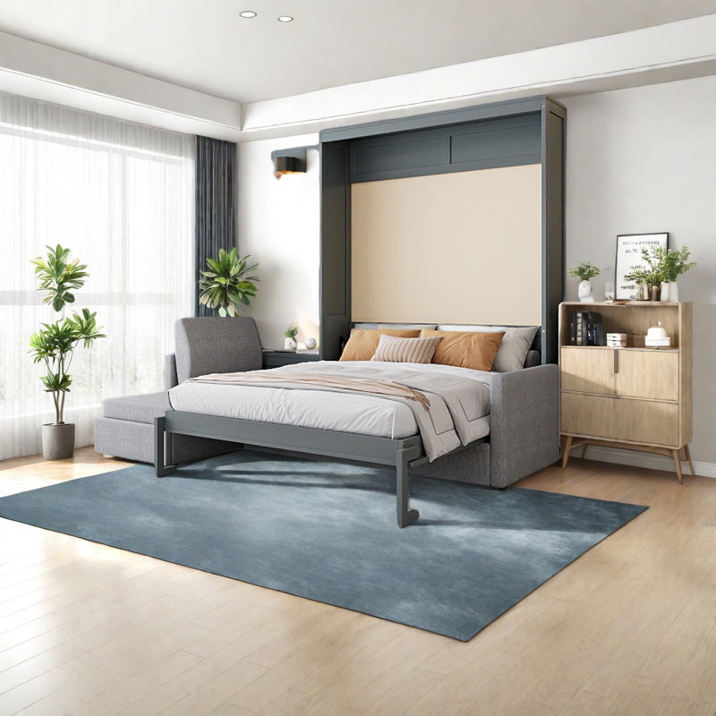 Grand lit escamotable peu encombrant, design moderne gris en MDF avec canapé