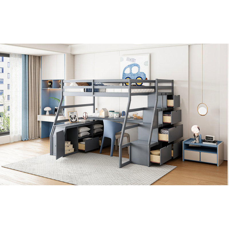 Gray Full Size Loft Bed With 7 Drawers, 2 Shelves And Desk - Construction A Weight Capacity Of 220 Lbs On Upper In Desk, Pinewood Frame For Maximum Stability