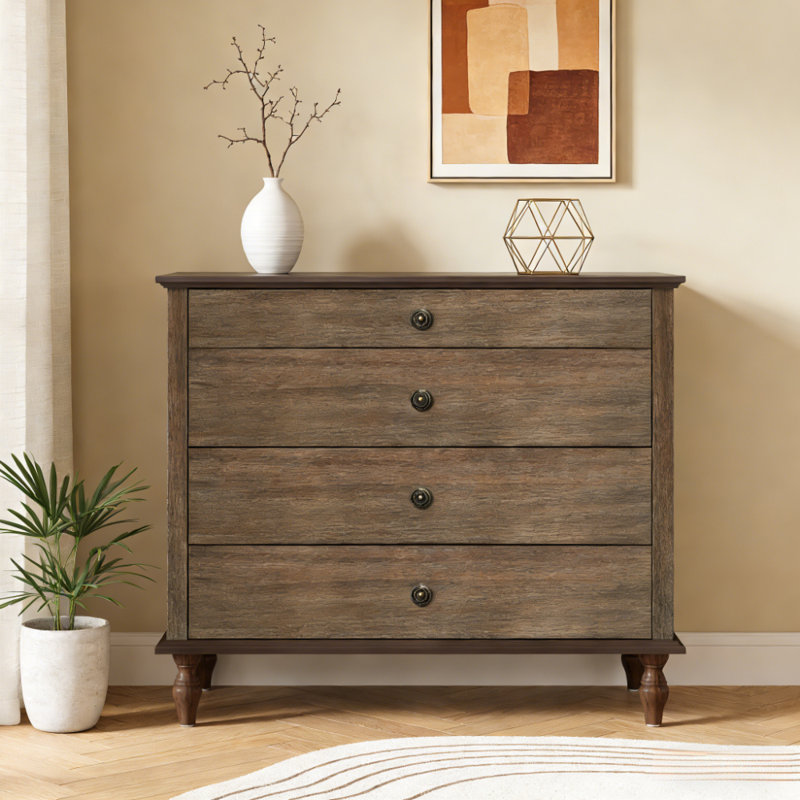 Grande commode à 4 tiroirs avec pied en bois massif, Brun rustique profond