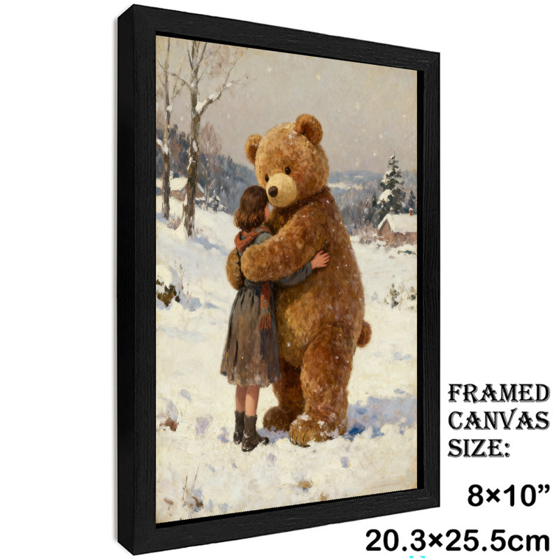 Reproduction d'art encadré noir, fille rétro et ours en peluche, H 11 po x l 9 po