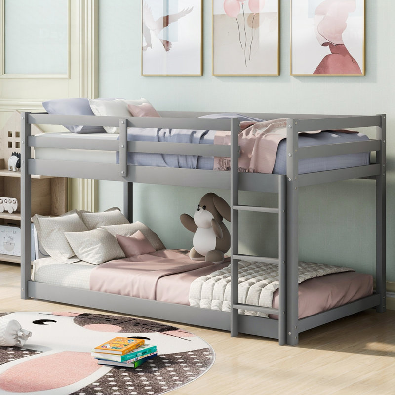 Twin Over Twin Floor Bunk Bed With Ladder, Gray