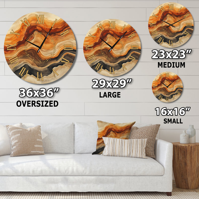 Horloge murale en métal de style Mid-Century, motif abstrait Warm Earth Flow Ink, Médium