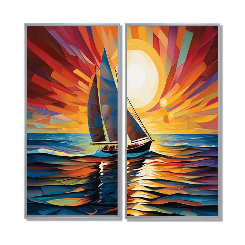 Voilier mélodique III - impressions multicolores sur toile, H 32 po x l 32 po, Impression encadrée flottante, Argent argent