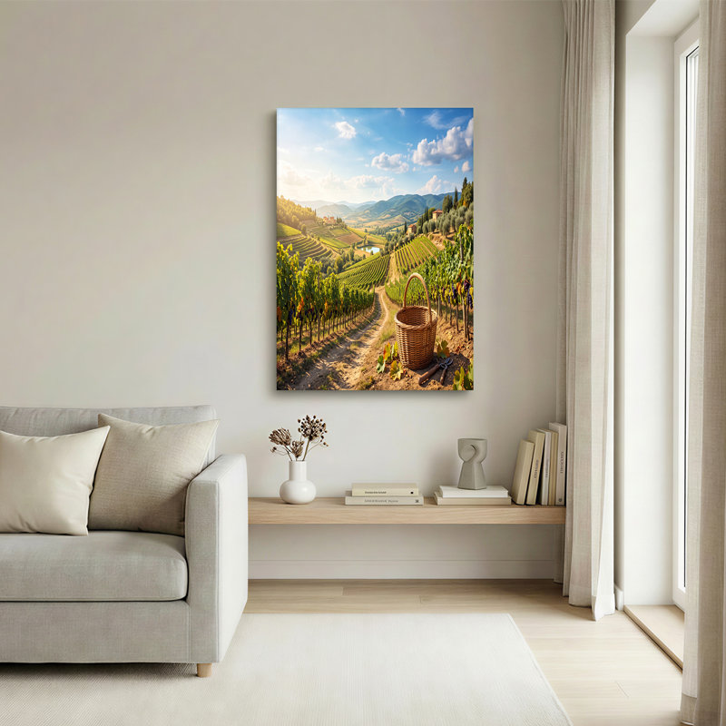 «Rolling Vineyard Hills with Wicker Basket», art mural sur toile, H 12 po x l 18 po