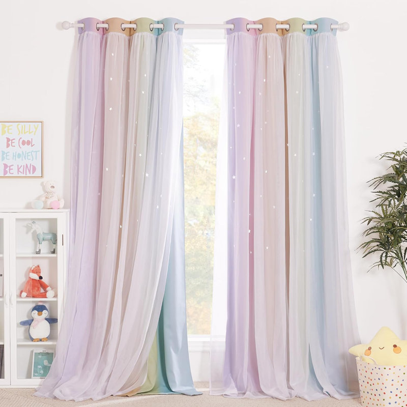  Star Colorful Blackout Curtains Bedroom Decor, Double-Layer Rainbow Stripe Window Curtain with Sheer for Kids Nursery (2 Panels, Tiebacks Included,Adult)