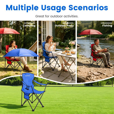 Foldable Camping Chair with Detachable Sun Umbrella, 330 LBS Heavy Duty Portable Outdoor Chair with Cup Holder & Carry Bag for Beach Picnic Concert Travel
