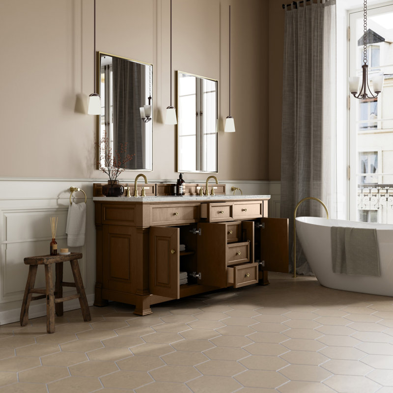 Brookfield 72'' W Double Vanity, Eternal Jasmine Pearl, Honey Oak
