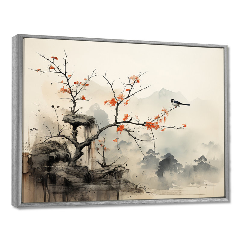 «Asian Art Sumi Bird Serenity XIX» - Art asiatique sur toile, art mural, 34" H x 44" W, Encadrement argenté