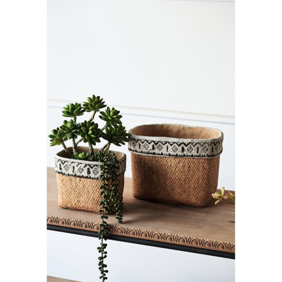 Geometric Trim Brown Multi Rectangular Basket Planters Of 2 Cement For Indoors Or Outdoors Use, L:10.4X8.7X7.9 S:7.3X5.5X5.9 Inches, 12.1 Lbs Decor,
