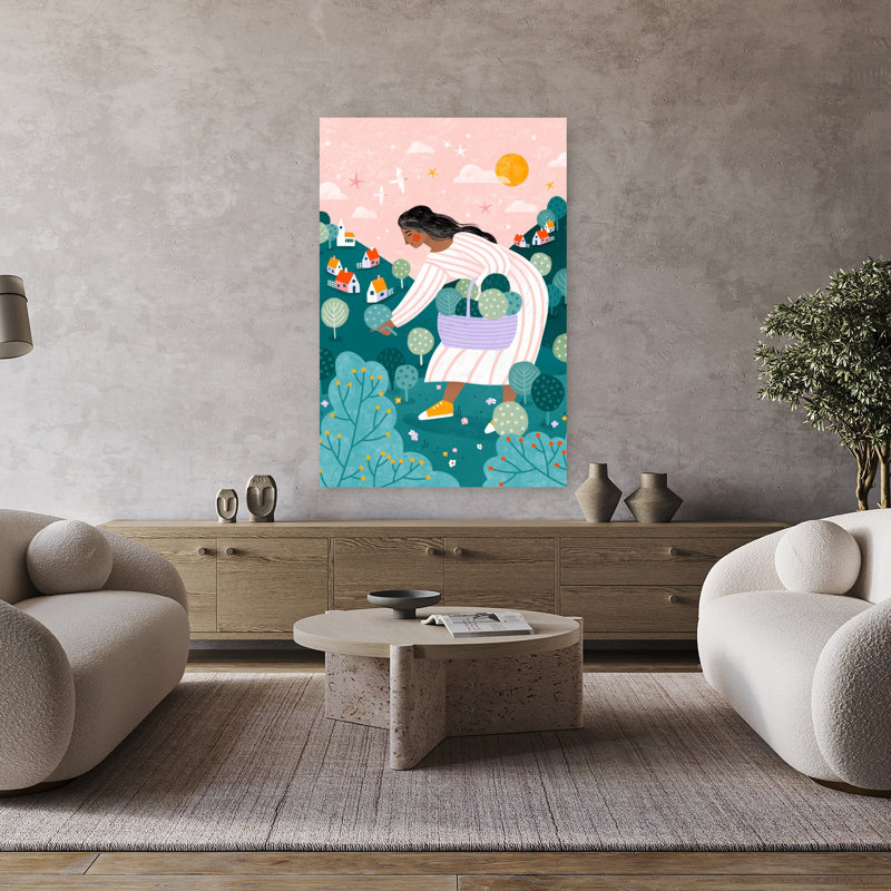 Art contemporain, paysage abstrait coloré, fantaisiste, oiseau, paysage, H 48 po x l 32 po
