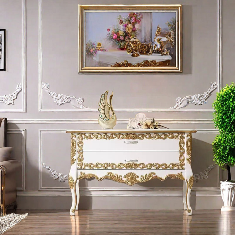 Armoire élégante à deux tiroirs sculptés, Blanc