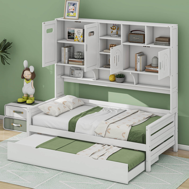 Lit plateforme avec lit gigogne simple, armoire et tablette tout-en-un, Lit simple, Blanc