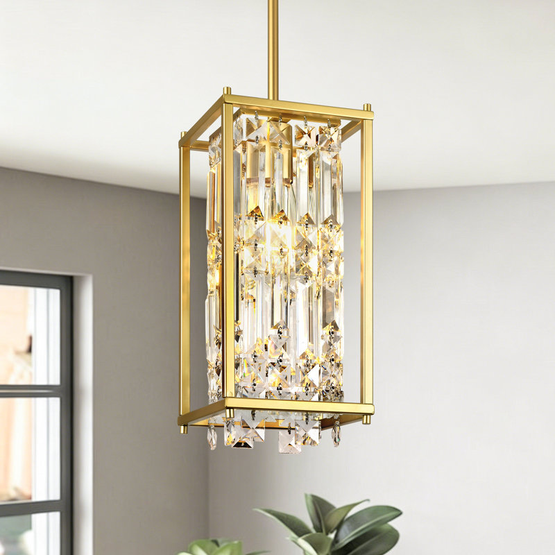 Square Crystal Pendant Light, 1-Light Modern Adjustable Hanging Fixture for Kitchen Island, Dining Room, Gold