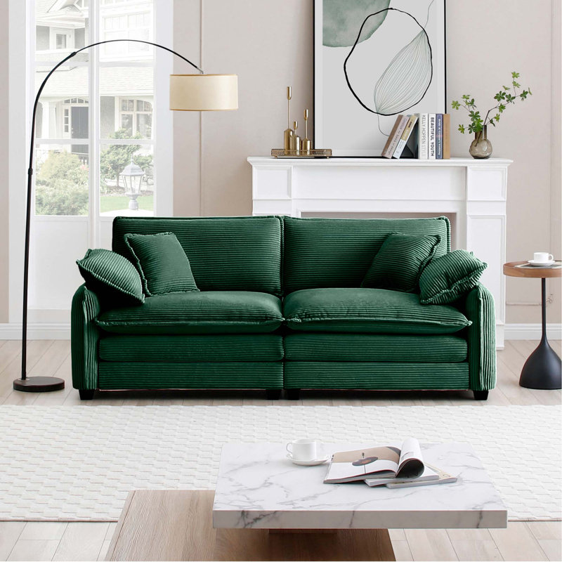 Canapé de salon chaleureux et confortable avec 4 coussins et 2 coussins pour le salon, velours côtelé vert, Vert
