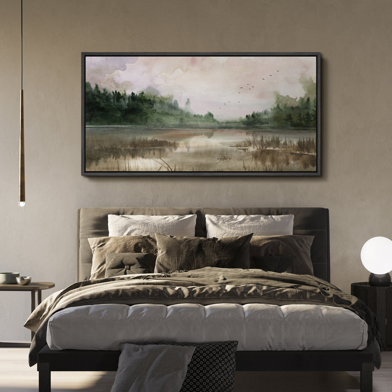 Paysage rustique, campagne tranquille, lac tranquille, H 30 po x l 60 po, Noir, noir, noir, noir