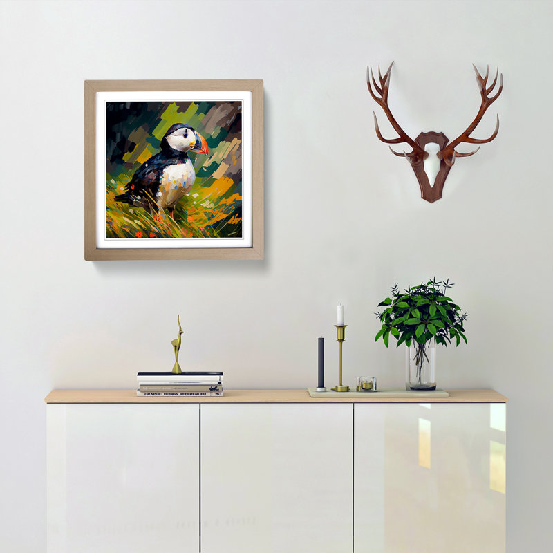 Puffin Post-Impressionism No.1 - Single Picture Frame Print on Wood, Oak