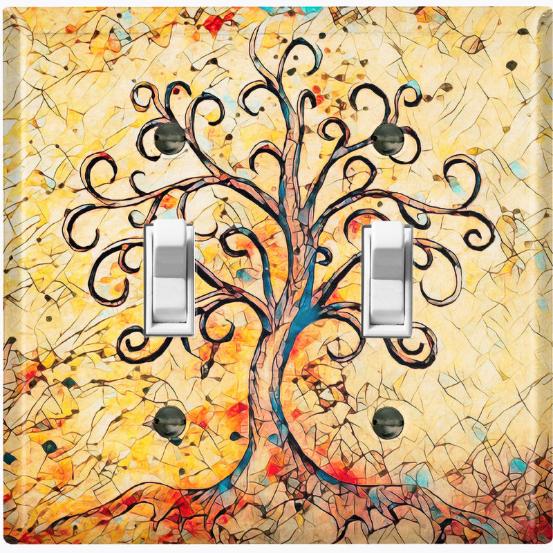 Metal Light Switch Plate Outlet Cover (Abstract Autumn Tree Yellow - Double Toggle)