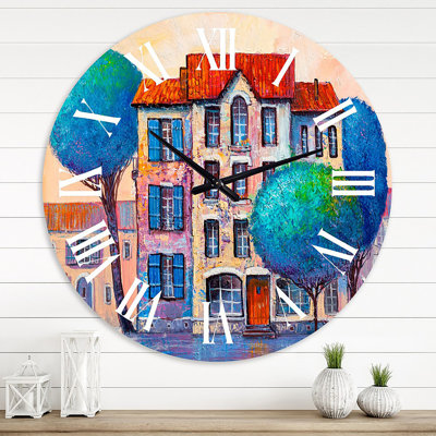 House With Red Roof and Colorful Autumn Trees - Modern wall clock
