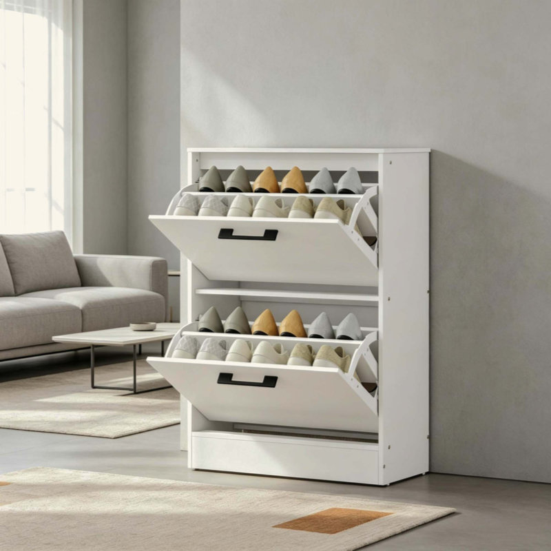 Armoire à chaussures 2 tiroirs rabattables avec diviseurs réglables, Blanc