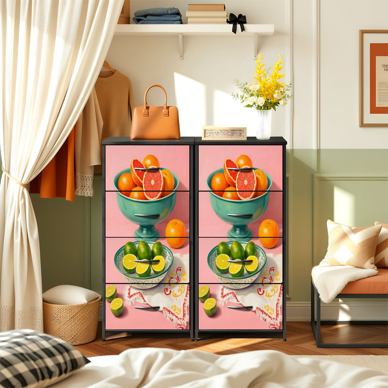 Commode pour la chambre à coucher avec 4 tiroirs de rangement Agrumes Nature morte Langes vertes Bols verts Commodes roses Commode en tissu avec cadre en acier pour vestibule