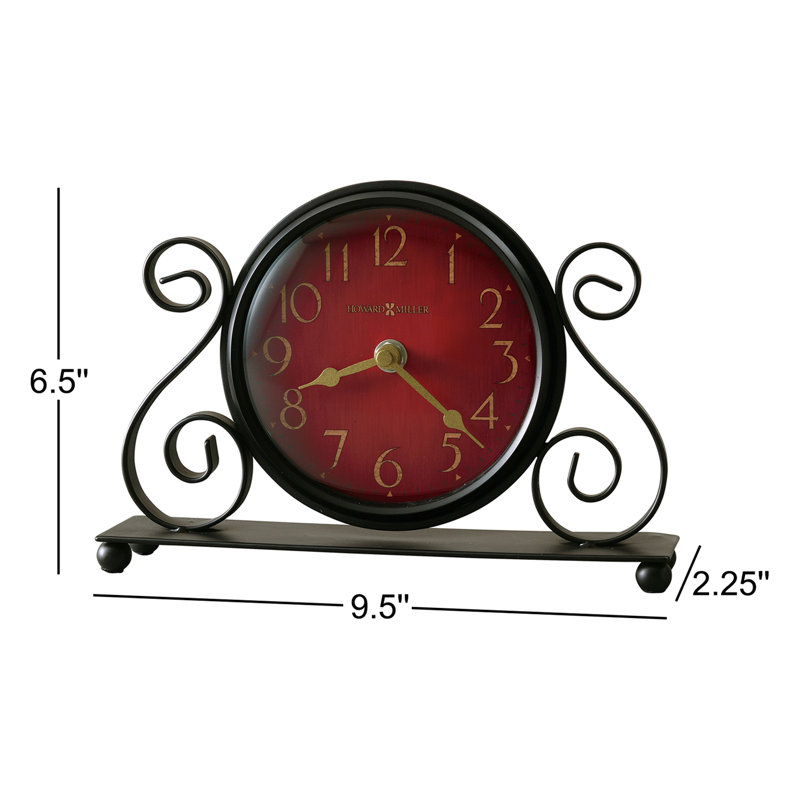 Marisa Traditional Tabletop Clock, Scrolling Iron Frame with Antique Red Dial, Arabic Numerals, Convex Glass