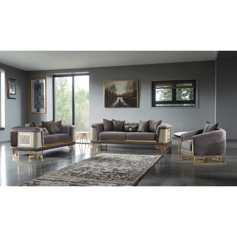 Ensemble de salon en velours 3 pièces Heink, Gris