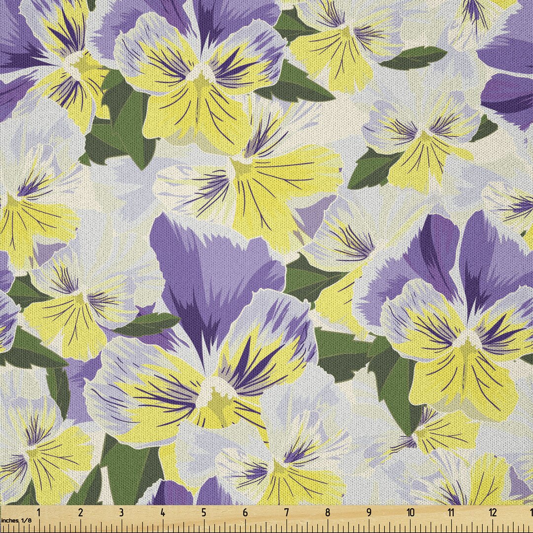 Stoff als Meterware, Pansy Blumen Bouquet Motiv, Frühling, Grün Violett und Gelb