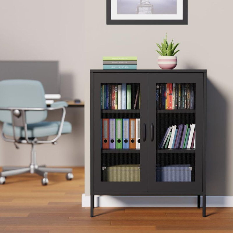 Armoire de rangement en métal avec portes en filet et 3 tablettes pour le bureau ou le salon