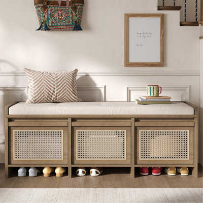 48" Entryway Shoe Bench, Retro Storage Bench With Rattan Drawers & Removable Button‑Tufted Upholstered Cushion For Living Room, Hallway, Foyer, Stair Landing, 5 Colors Available (Natural)