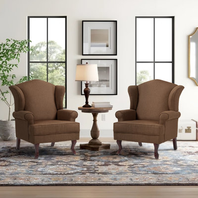 Fauteuil d'appoint à oreilles en lin brun avec accoudoirs roulés et pieds en bois massif Duward (ensemble de 2)