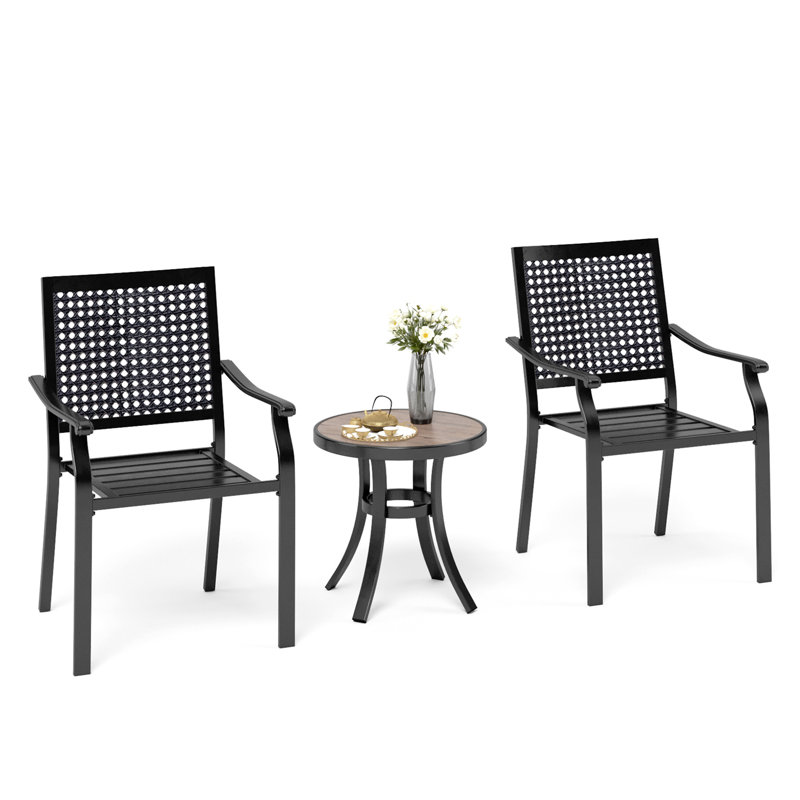 Ensemble repas d'extérieur 3 pièces avec 2 chaises empilables en acier Alyah, 1 table bistro pour l'extérieur, cour et porche
