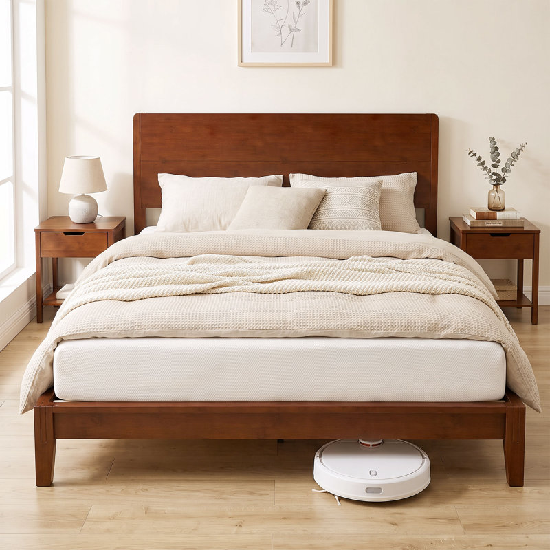 Base de lit plateforme grand en bambou avec tête de lit haute, base de lit avec 12 lattes en peuplier, aucun sommier requis, assemblage facile, brun