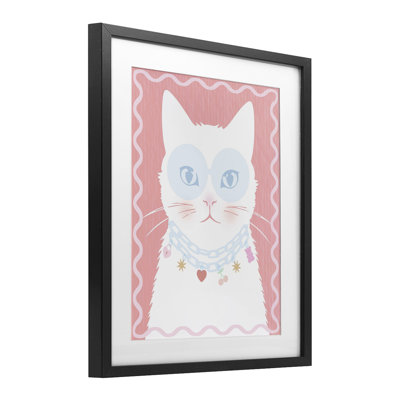 Chat pastel avec collier, reproduction encadrée sous verre, design par Lil 'Rue