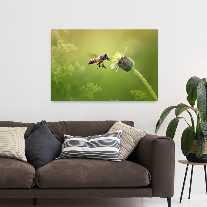 Abeille près d'une fleur - Illustration murale délicate et vibrante représentant une abeille et une fleur., H 32 po x l 48 po