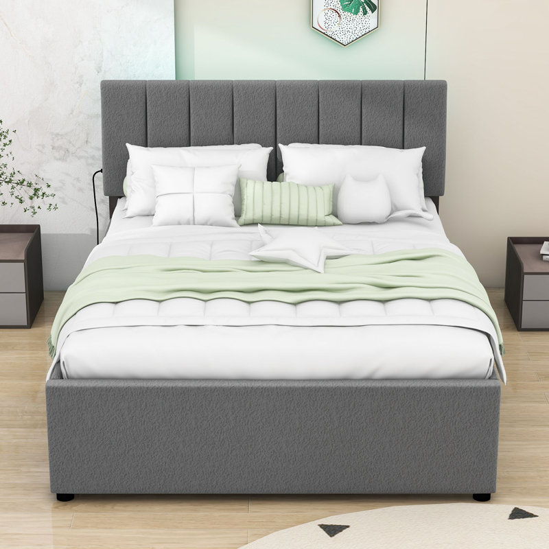 Lit plateforme tapissier avec lit gigogne et lumières DEL, Simple, gris