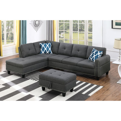 Méridienne faisant face à gauche, 98 po de largeur, tissu en lin gris foncé, coussins rembourrés de mousse, pieds modernes, arrondis, garniture cloutée, dossier intriguant large et modulaire avec revêtement, sièges, structure en bois, goujon