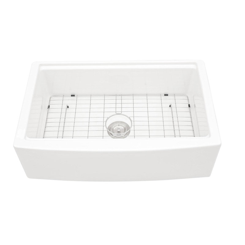 Évier de cuisine 33 po à cuve simple en céramique blanche - Construction, égratignure et conception de poste de travail avec rebords, cuve à teinture profonde, grille de vaisselle livrée, crépine, planche à découper, drain 33 po