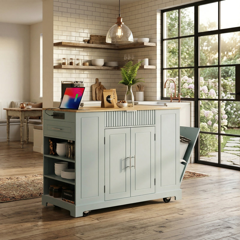 A Practical Gray-Blue Kitchen Island With Five Wheels For Easy Movement, Complete With Drawers And Side Shelves, And Includes A Trash Can Cabinet And Power Outlet.