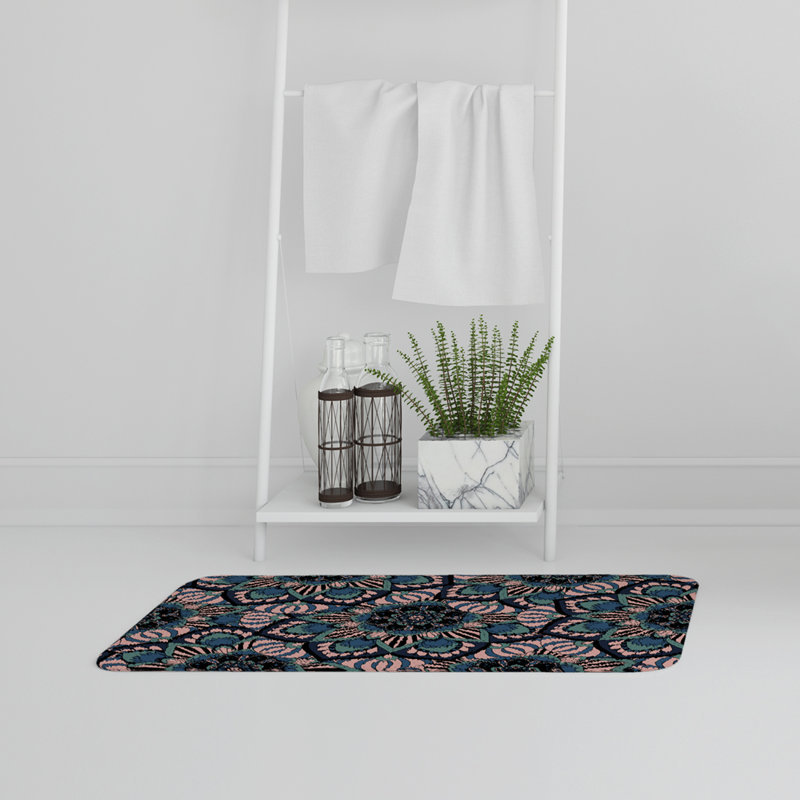 Pelfrey Memory Foam Non-Slip, Floral 1, Black/Blue, Floral And Ancient Geometry