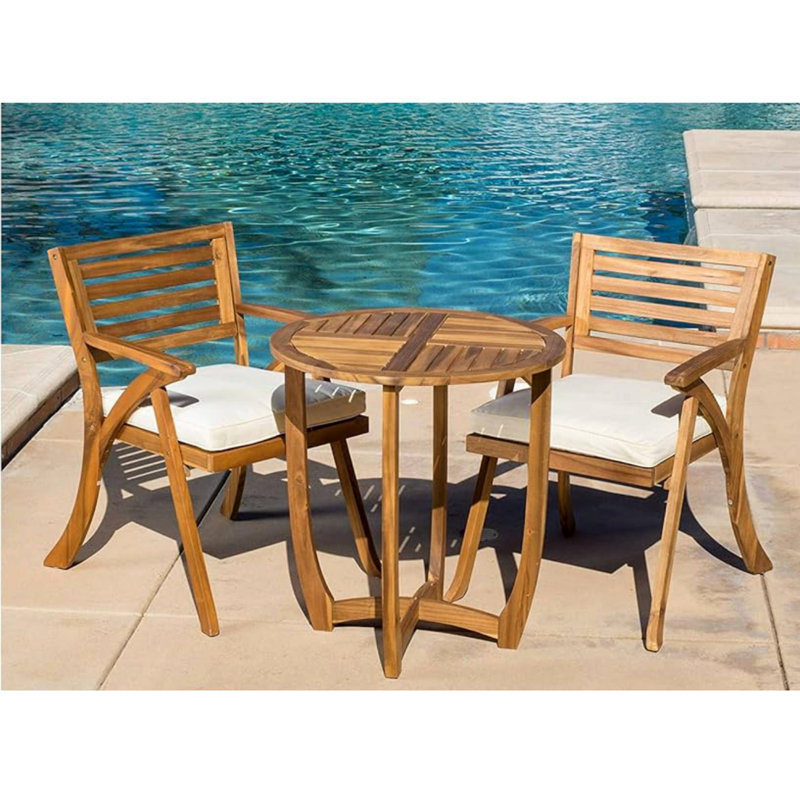 Ensemble repas d'extérieur en bois 3 pièces KD avec coussins Hermosa