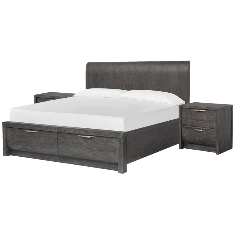 Grand lit avec rangement Seibert, Grand, Ensemble de 3 pièces : lit, 2 tables de chevet